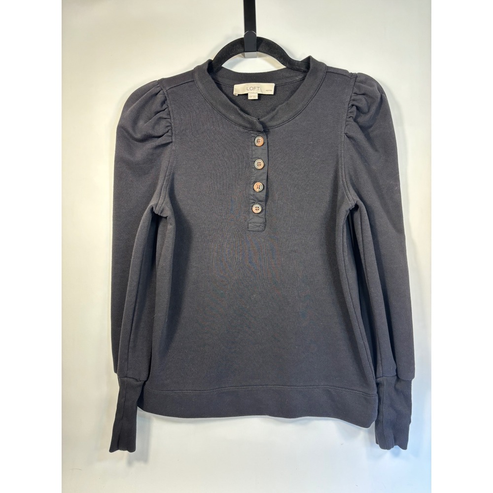 LOFT Women's Henley Feminine Sweatshirt BLACK Sz XSP Super Soft